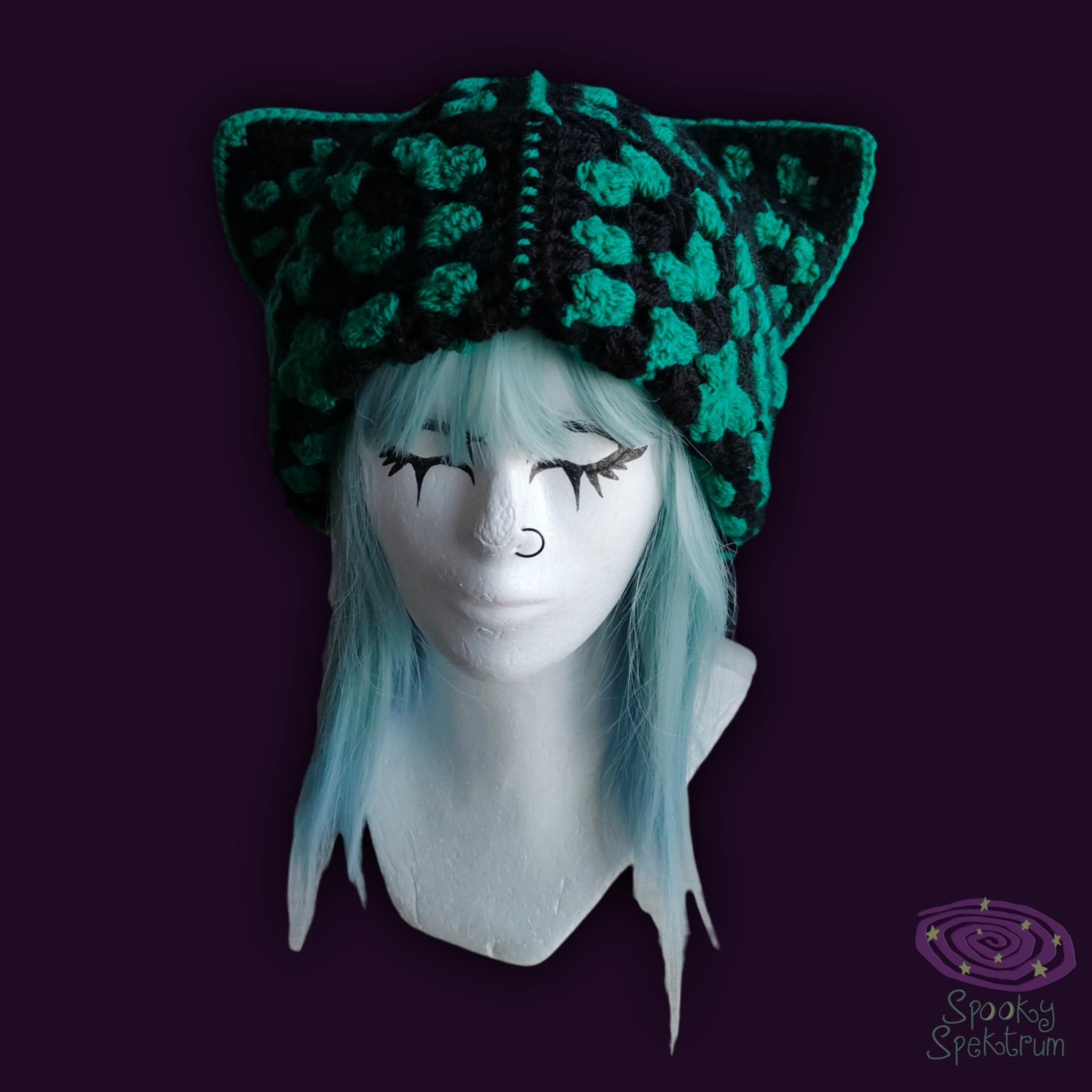 Granny Square Cat Hat - Emerald Green and Black