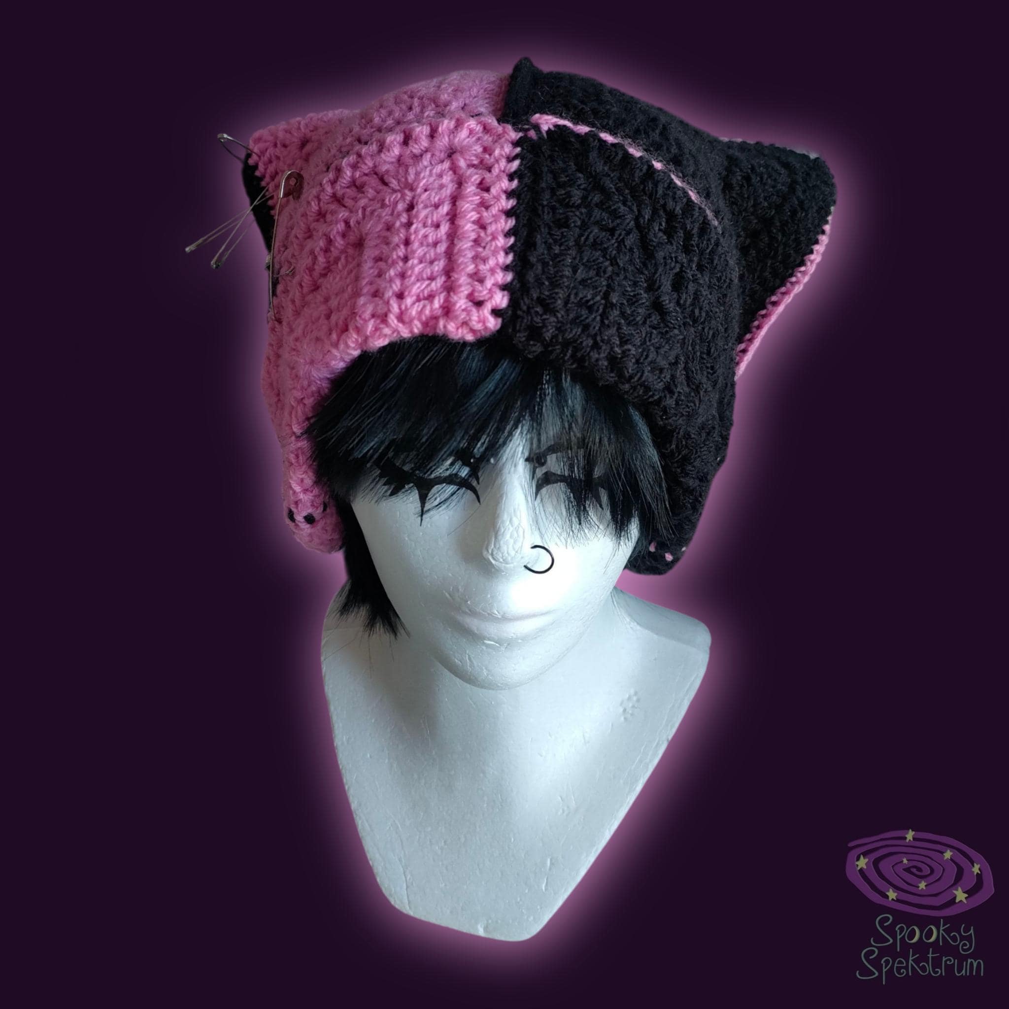 Pink and Black Split Crochet Cat Hat