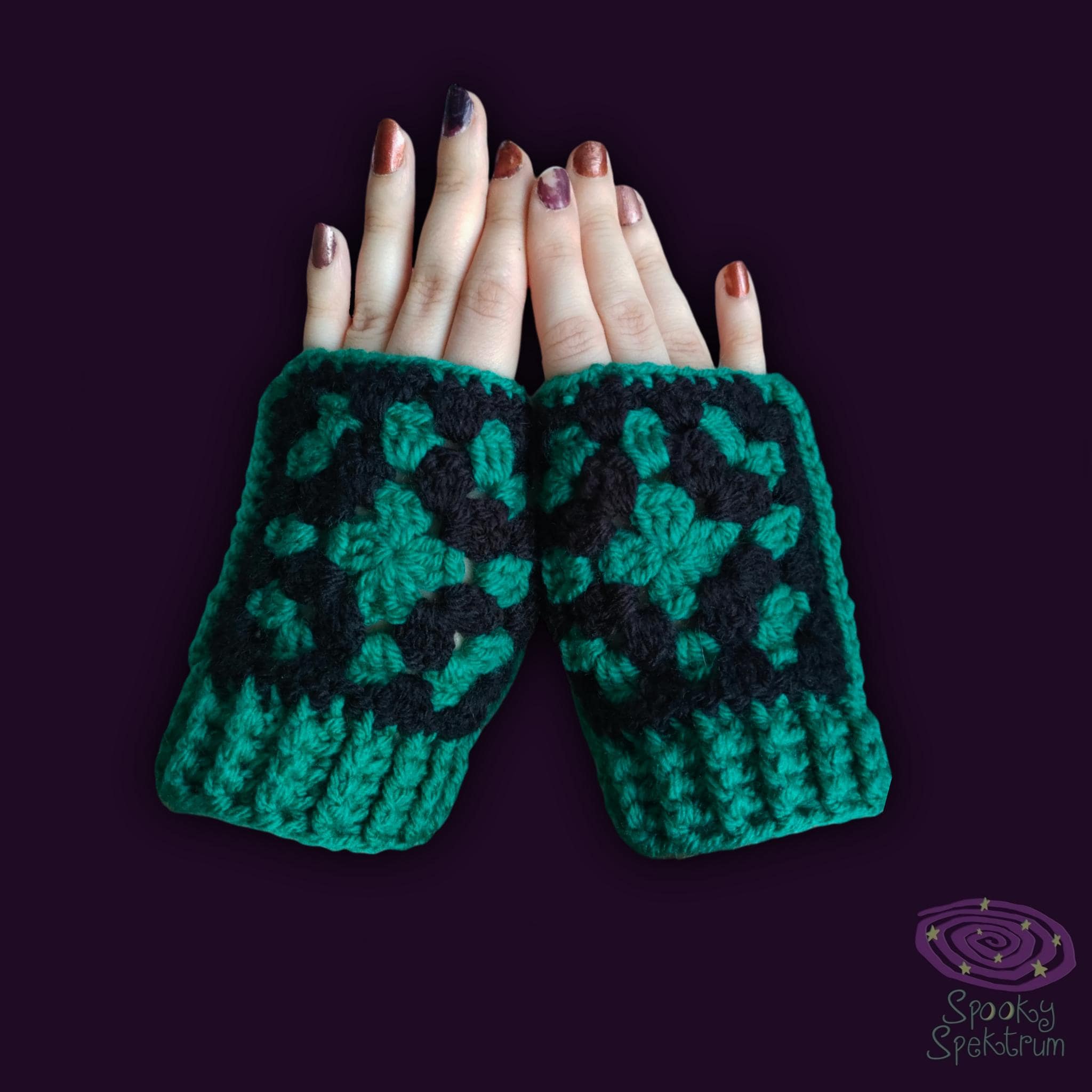 Granny Square Fingerless Gloves - Emerald Green and Black