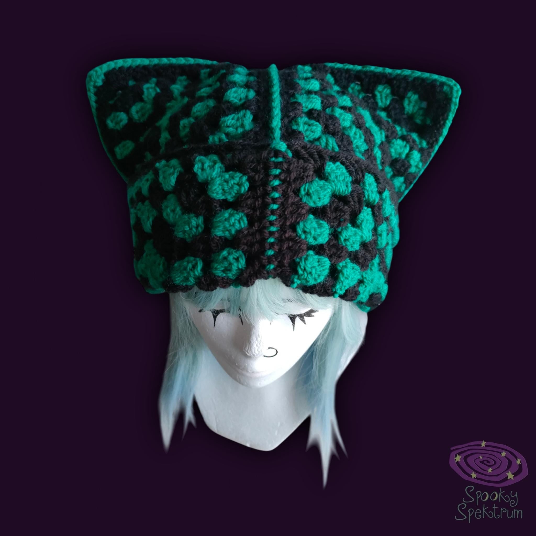 Granny Square Cat Hat - Emerald Green and Black