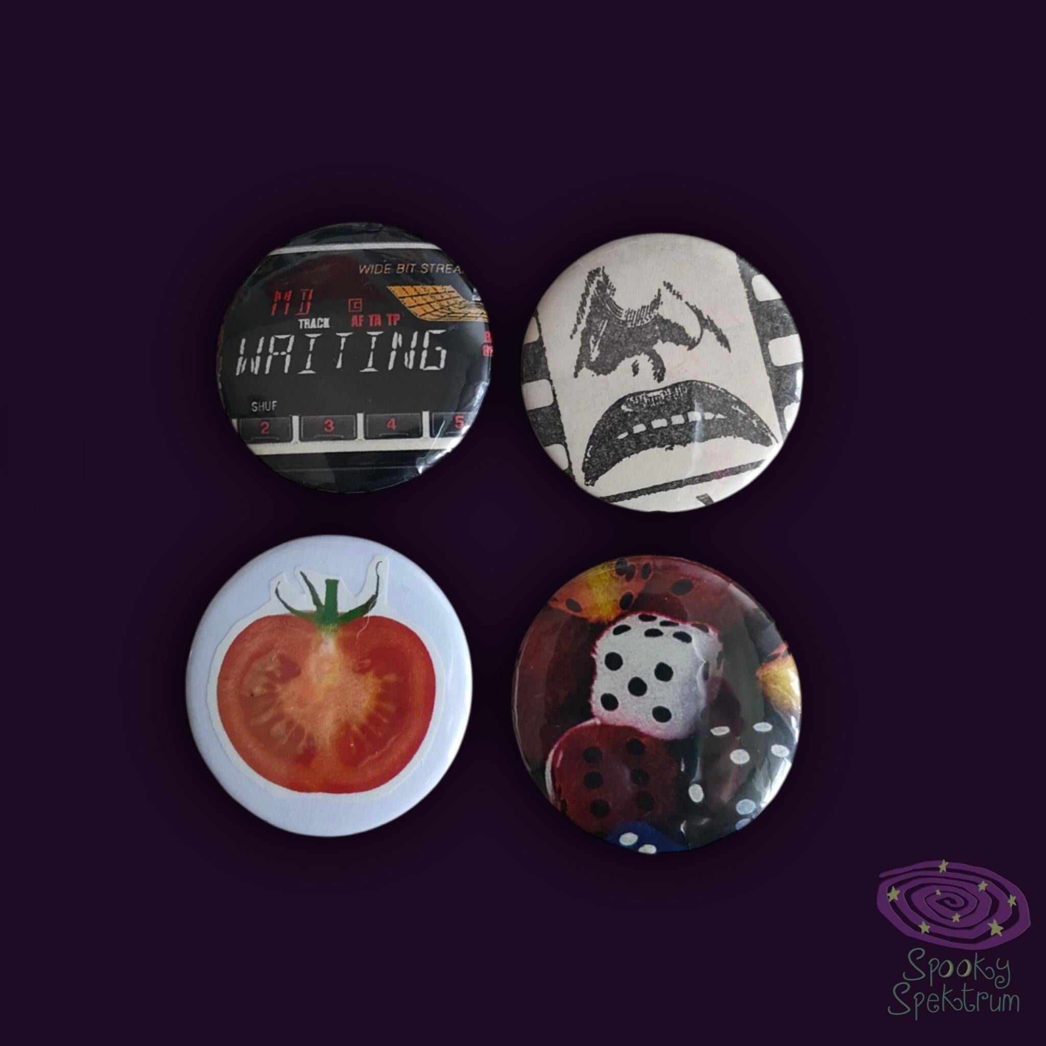 Pins - Car Radio, Frown, Tomato, Dice